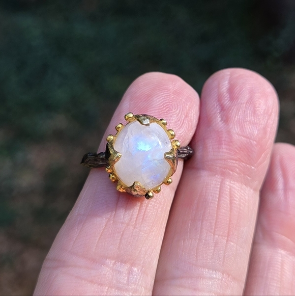 Moonstone 8k Sterling Gold & Rhodium Ring Sz8 - Picture 11 of 16